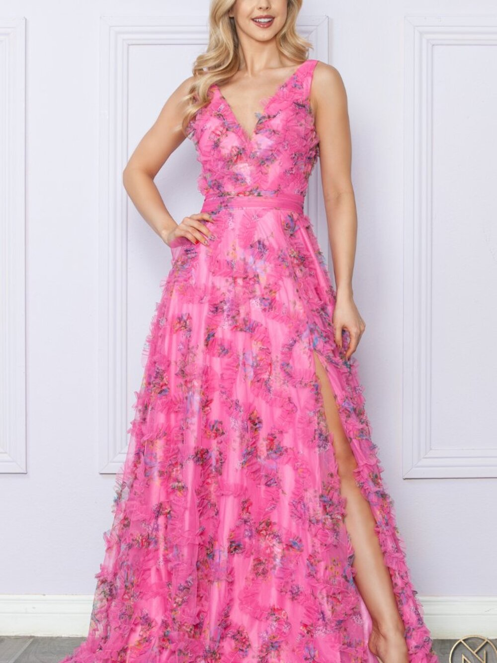 FUChsia PINK DRESS. FLORAL A LINE RUFFLE SLEEVELESS LEG SLIT BALL GOWN